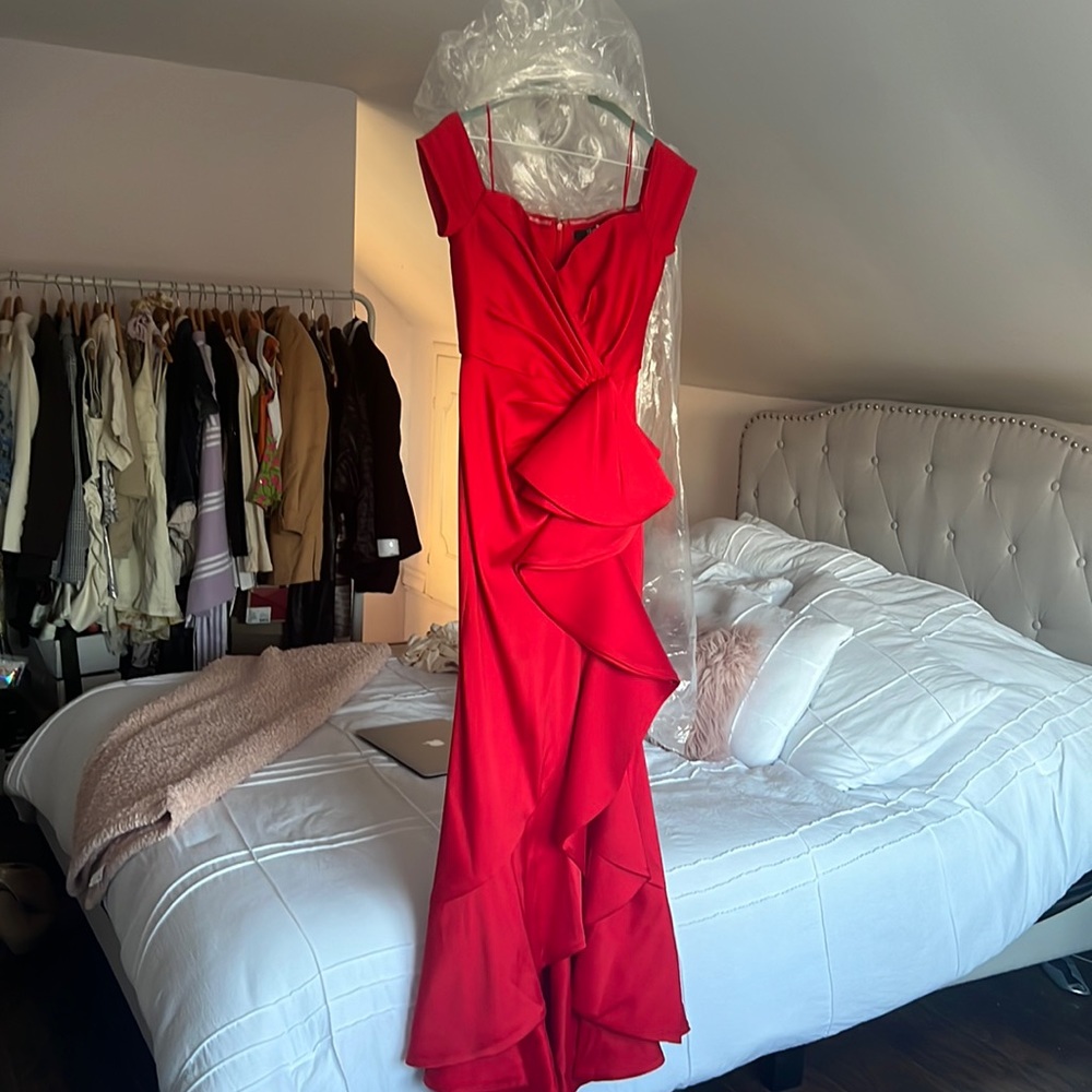 Long red off the shoulder dress with slit
